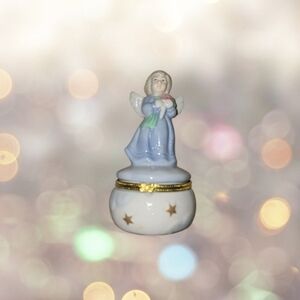Porcelain Angel Figurine on Hinged Trinket Box Blue Dress, Pink Flowers